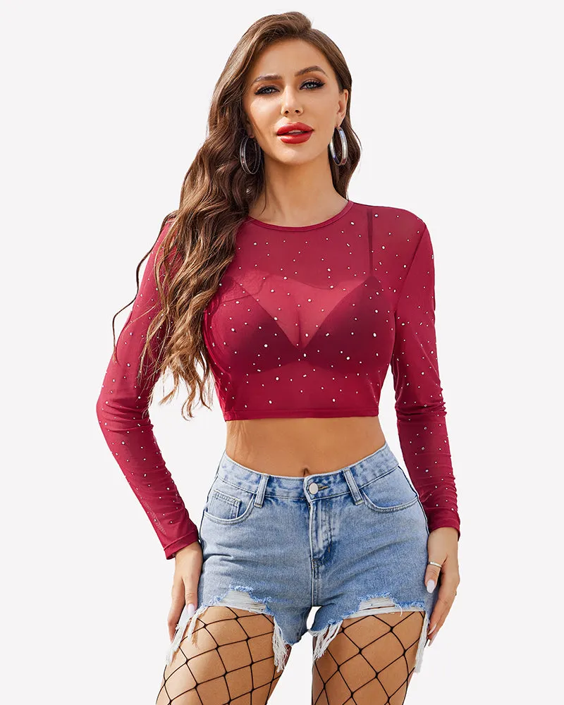 Rhinestone Mesh See Through Crop Top