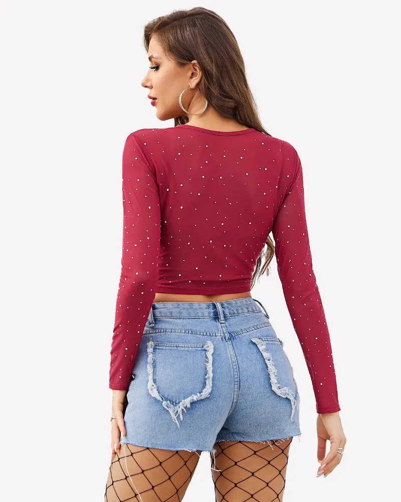 Rhinestone Mesh See Through Crop Top