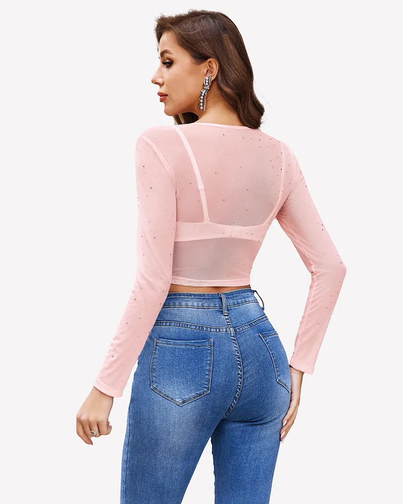 Rhinestone Mesh See Through Crop Top