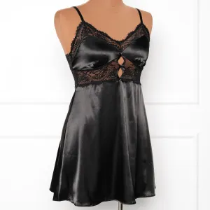 Satin & Eyelash Lace Slip - Black
