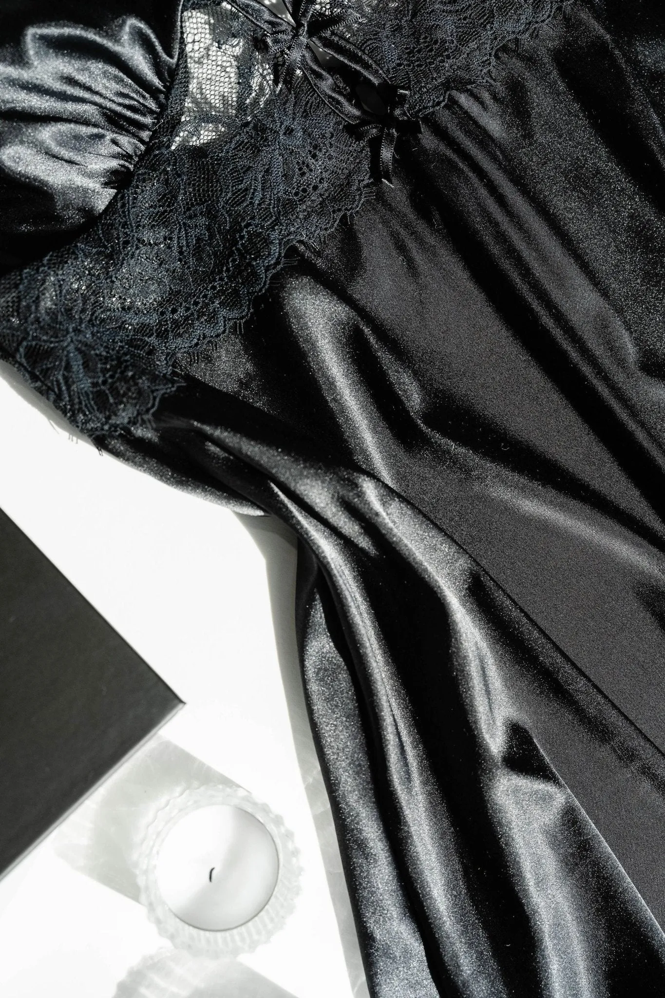 Satin & Eyelash Lace Slip - Black