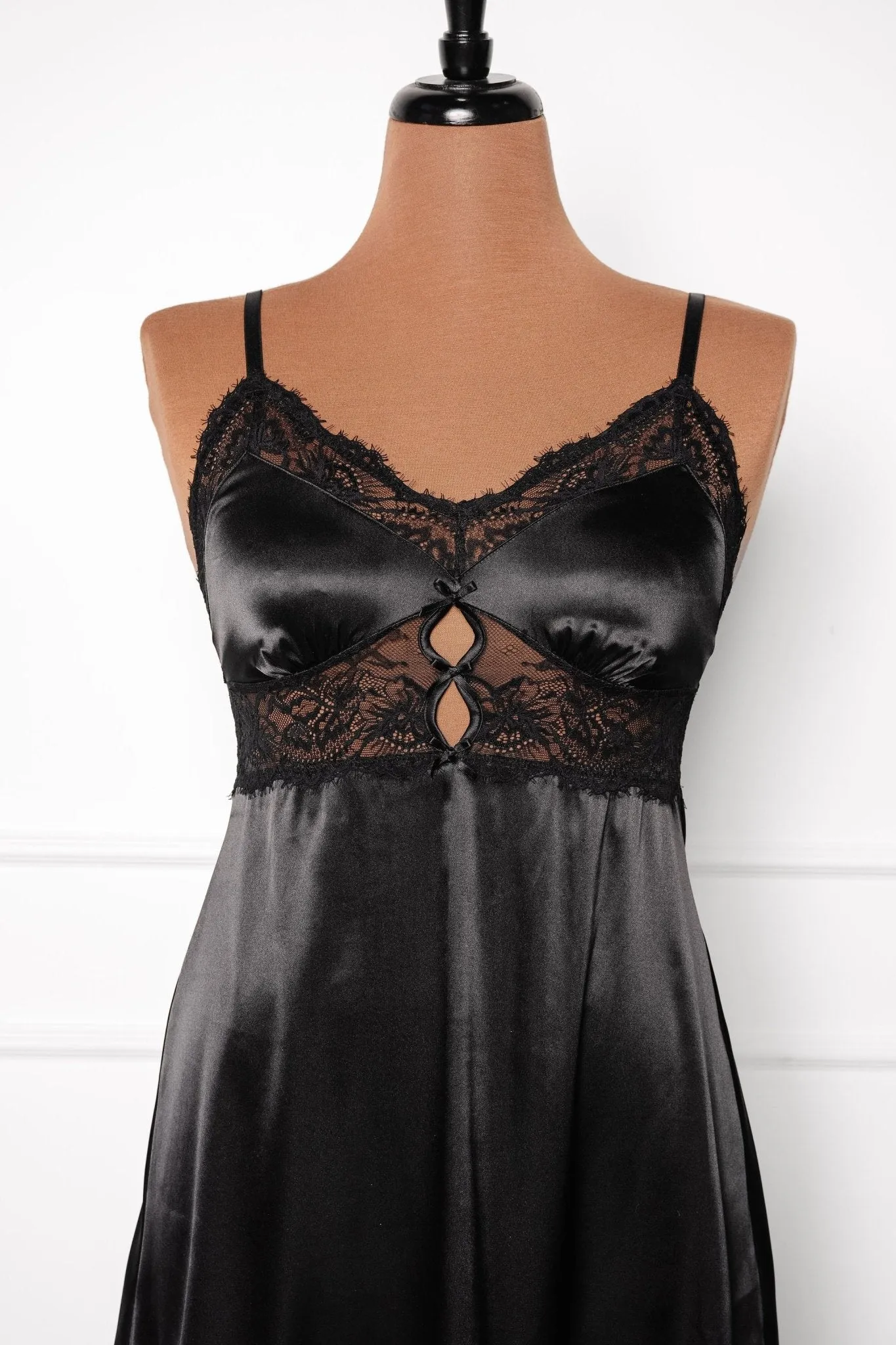 Satin & Eyelash Lace Slip - Black