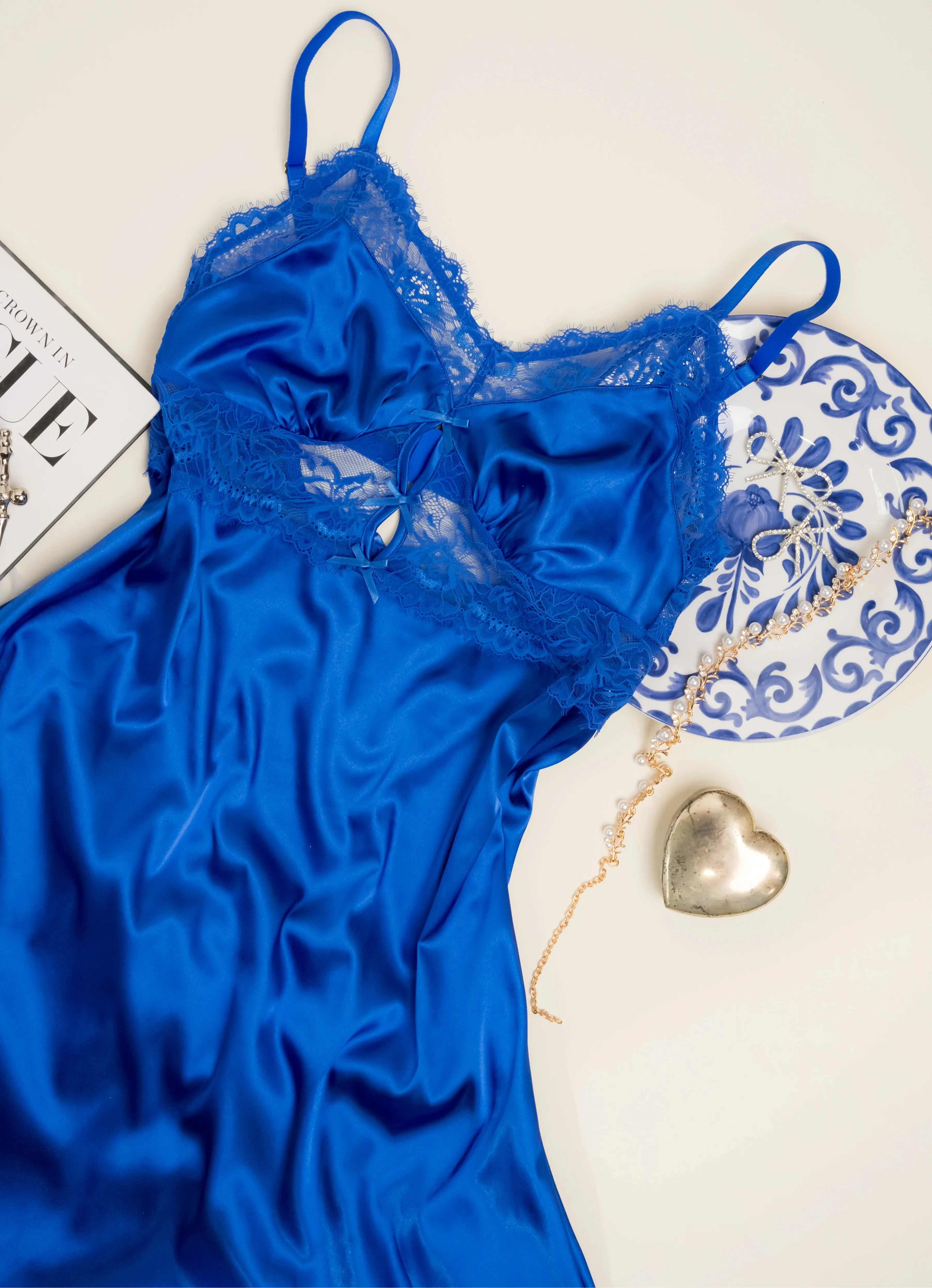 Satin & Eyelash Lace Slip - Cobalt