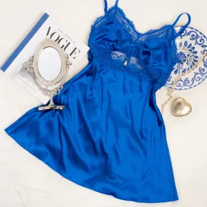 Satin & Eyelash Lace Slip - Cobalt