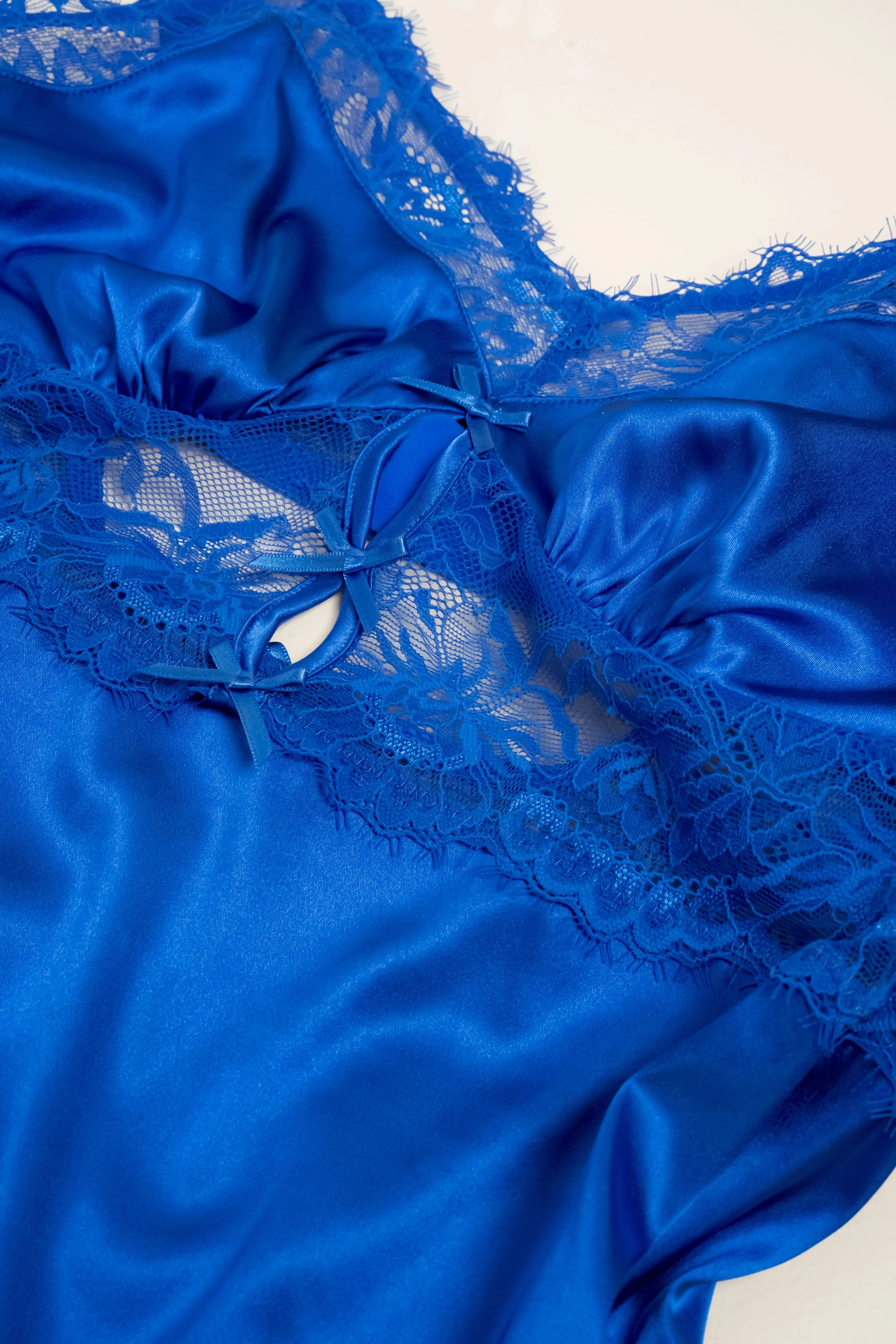 Satin & Eyelash Lace Slip - Cobalt