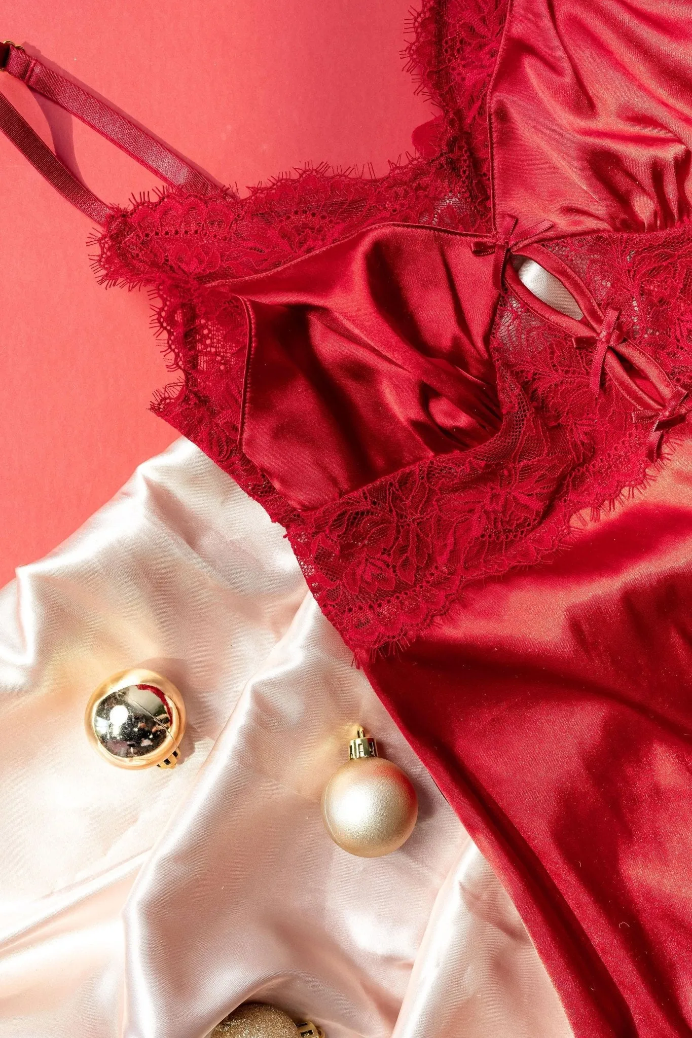 Satin & Eyelash Lace Slip - Red