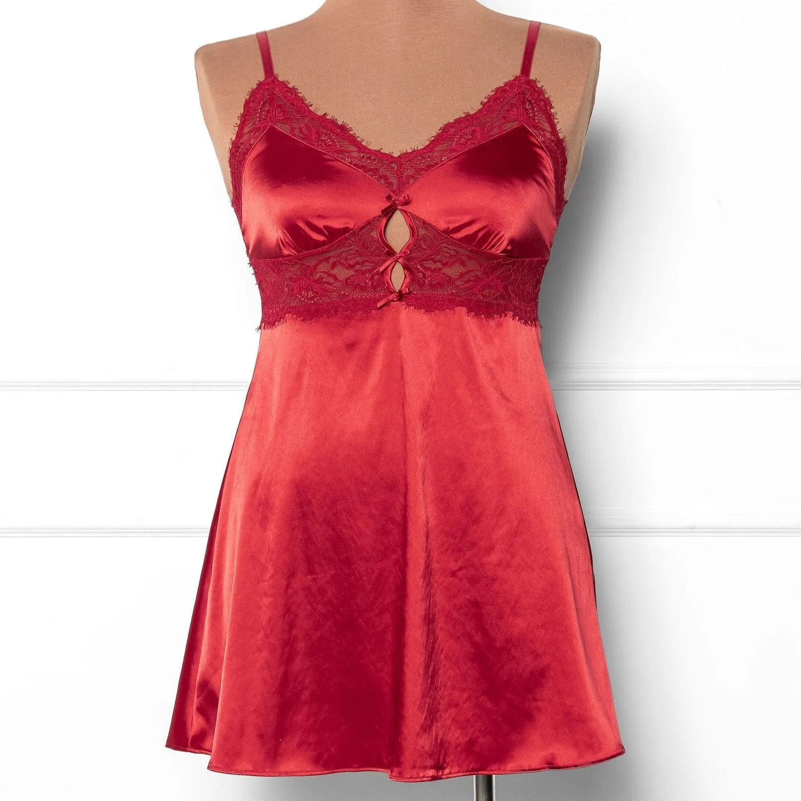 Satin & Eyelash Lace Slip - Red