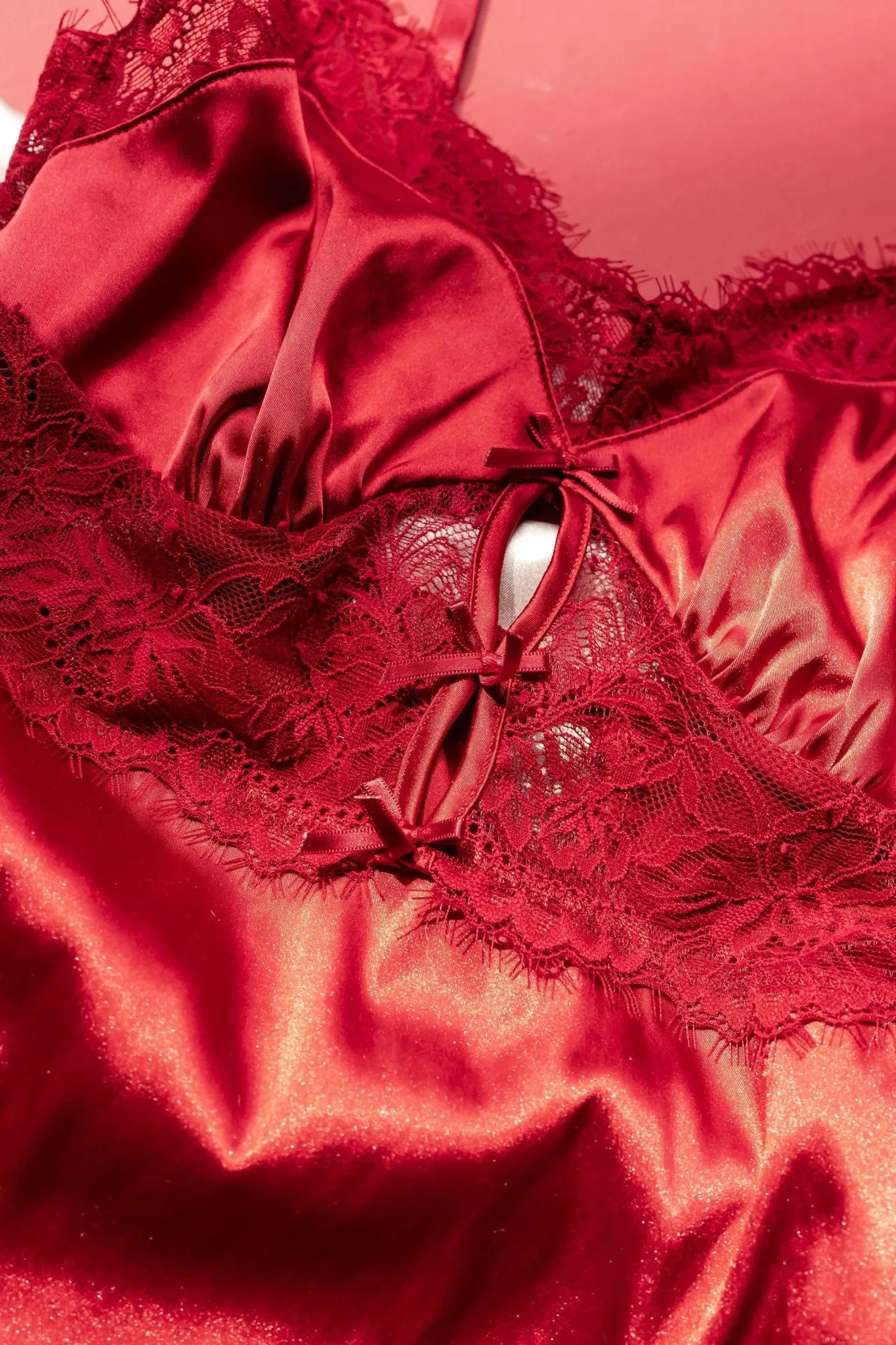 Satin & Eyelash Lace Slip - Red