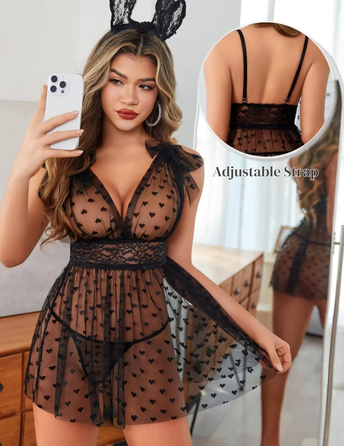 Sheer Mesh Lace Babydoll V Neck Nighty