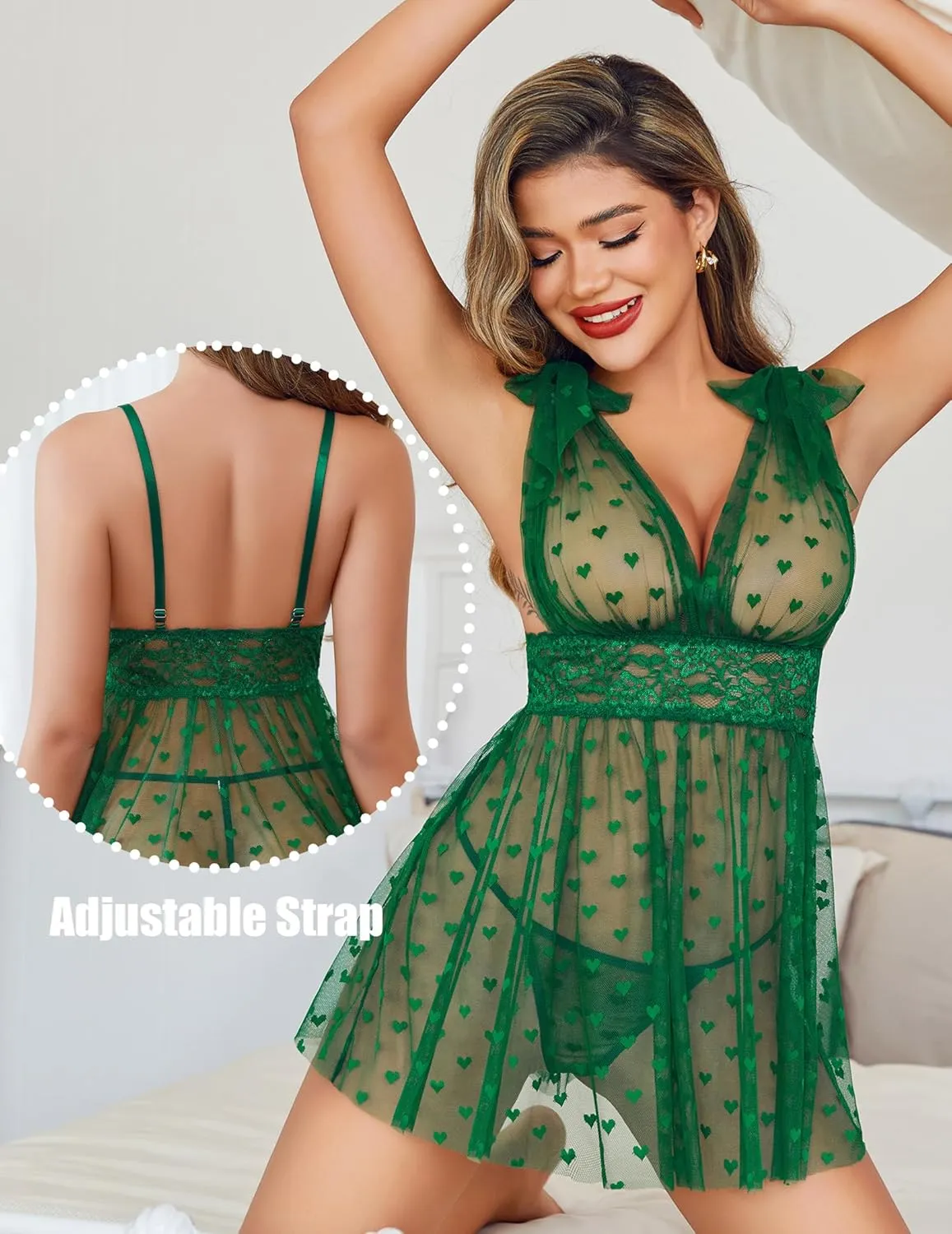 Sheer Mesh Lace Babydoll V Neck Nighty