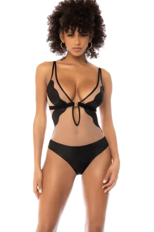 SS-Transparent Tulle and Leather-Effect Bodysuit