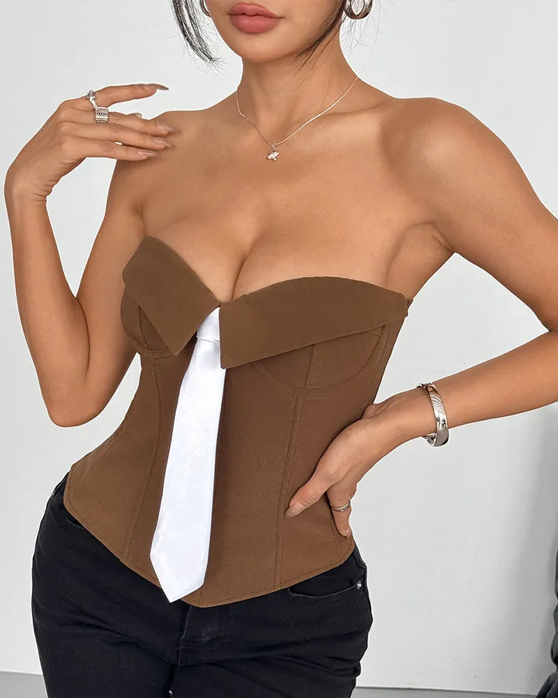 Strapless Tie Corset Top Steel Boned Bustier
