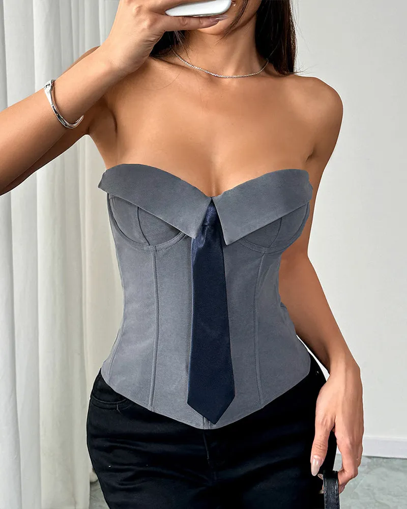 Strapless Tie Corset Top Steel Boned Bustier