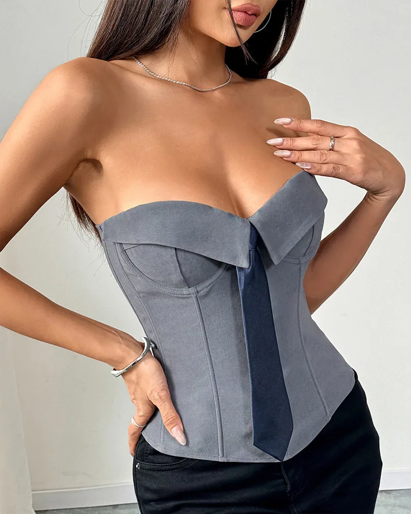 Strapless Tie Corset Top Steel Boned Bustier