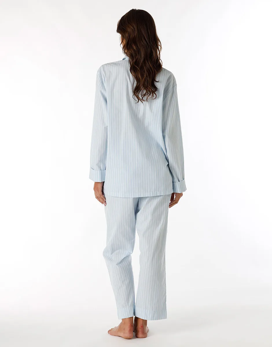 Unisex Blue Striped Cotton Canvas Long Pajama Set