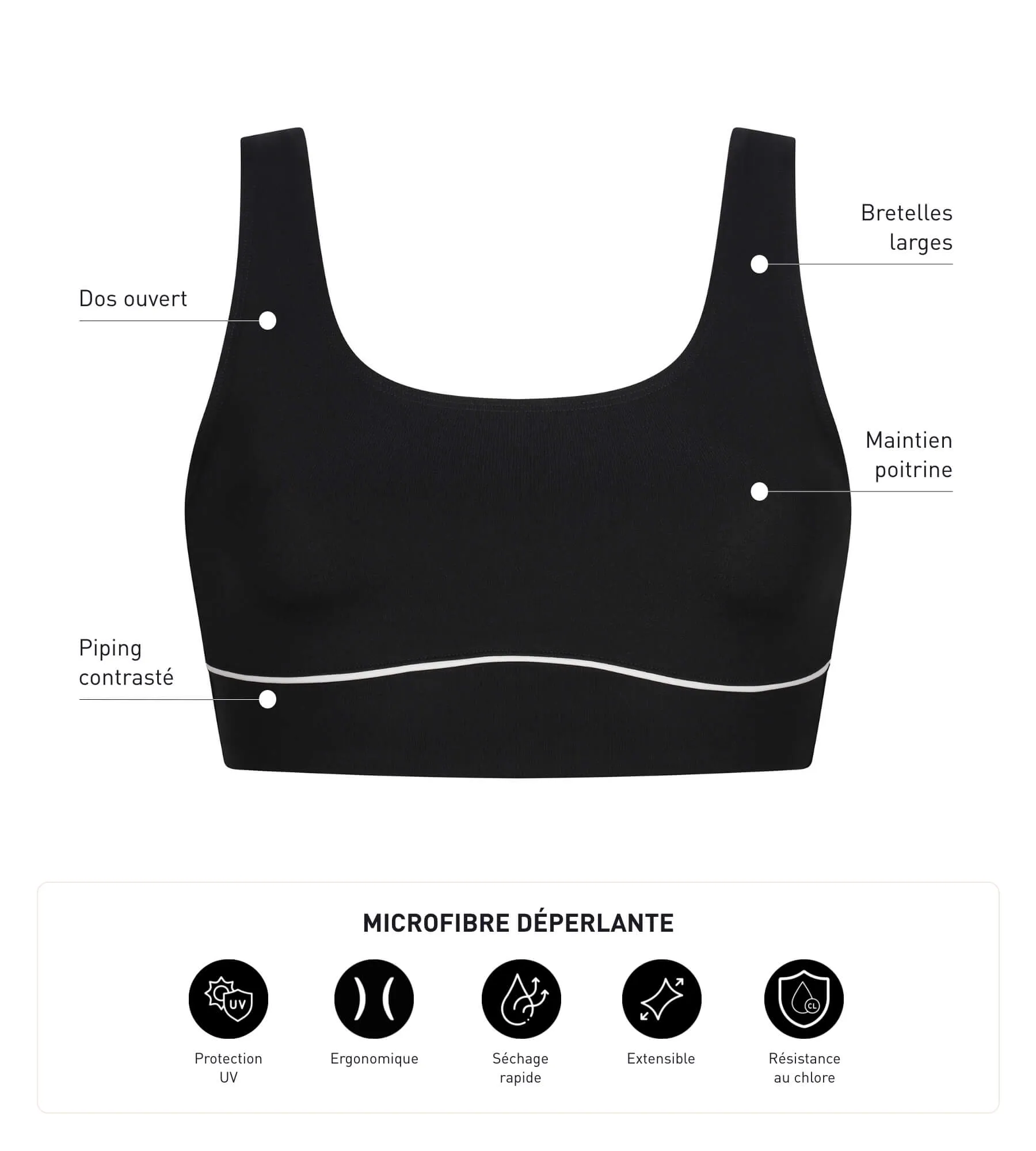 Women's swimming costume top in black microfibre Dim Move